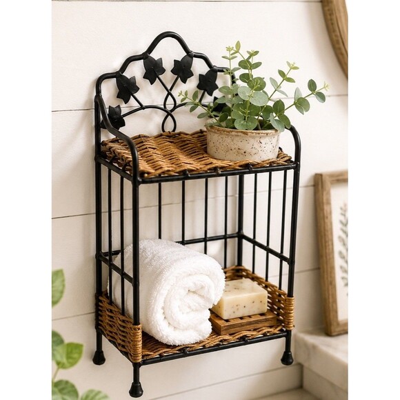 Unbranded Other - Wicker Metal Wall Basket Shelf Ivy Leaf Bathroom Kitchen Small Organizer Rack